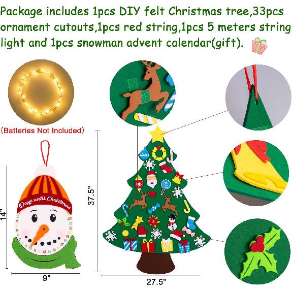 Jollylife 3ft DIY Felt Christmas Tree Set + Snowman Advent Calendar - Xmas Decorations Wall Hanging 33 Ornaments Kids Gifts Party Supplies