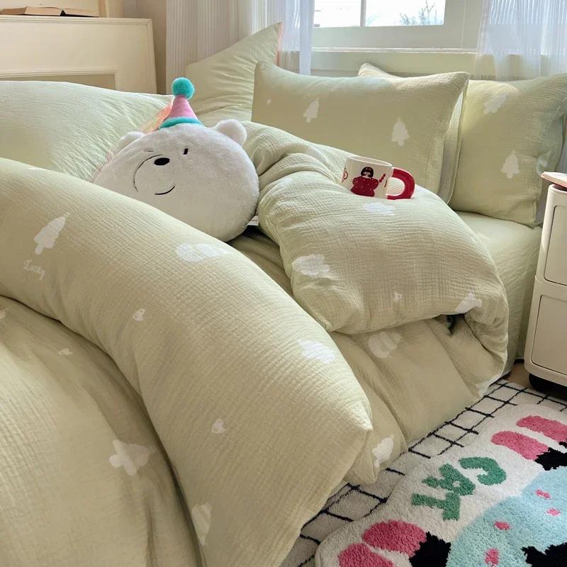 Cute Strawberry And Rabbit Duvet Cover Set Washed Cotton Linen Feel Super Soft Comfortable Chic 4Pcs Home Decor Bedding Set