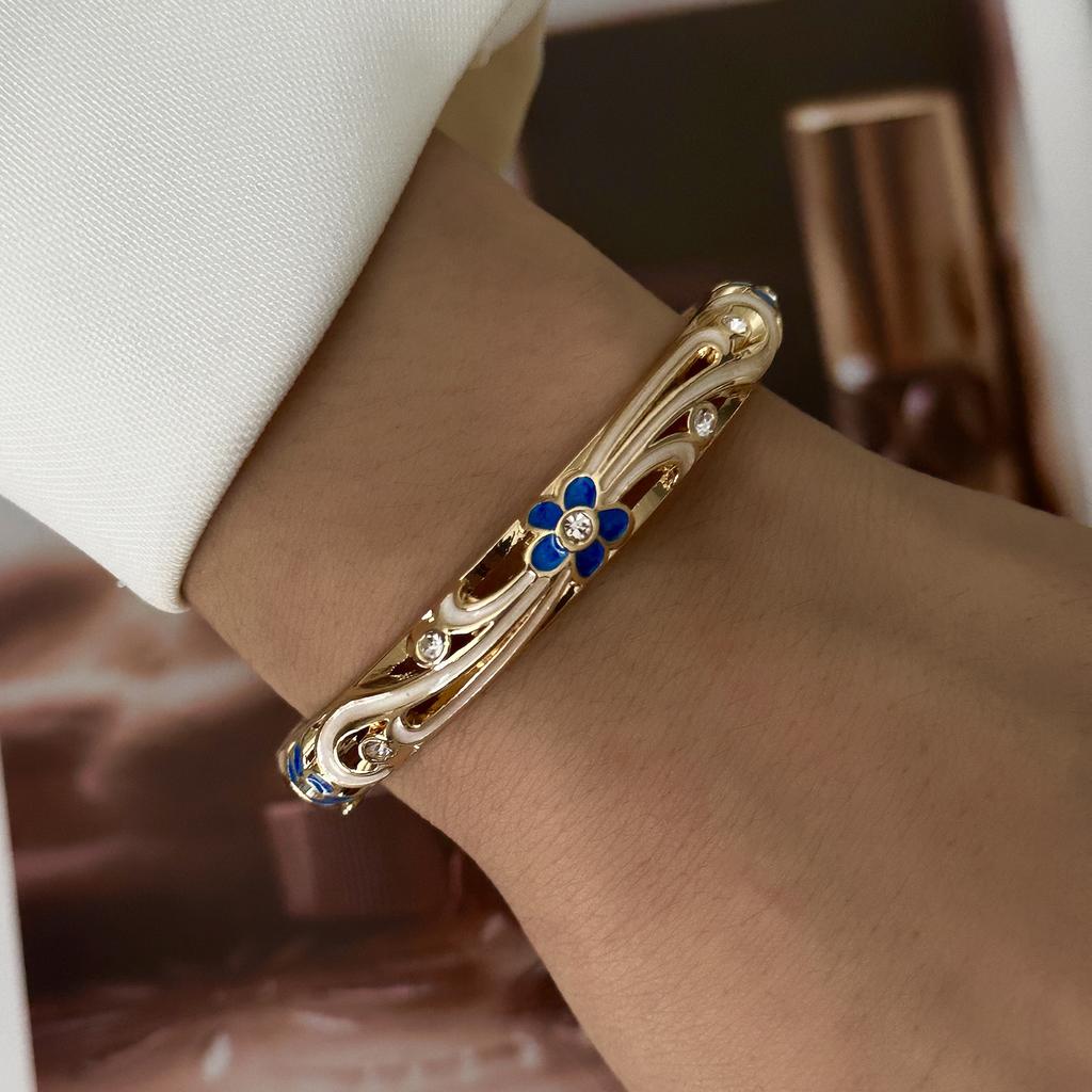 Vintage Chinese Cloisonne Enamel Bangle For Women Gold Plated Inlaid Rhinestone Colorful Floral Drip Oil Bracelet Wrist Jewelry