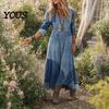 Asymmetric Hem Dress Denim Print Maxi for Women, Casual Long Sleeve V Neck Dress, Summer Loose A-line Flowy Vacation