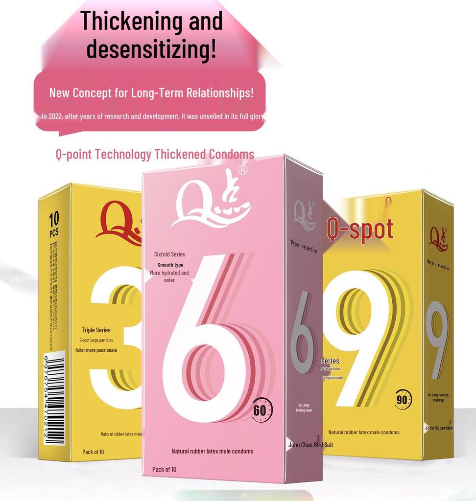 Q Point Thickened Desensitizing Condoms for Long-lasting, Soothing Safe Sex for Couples.