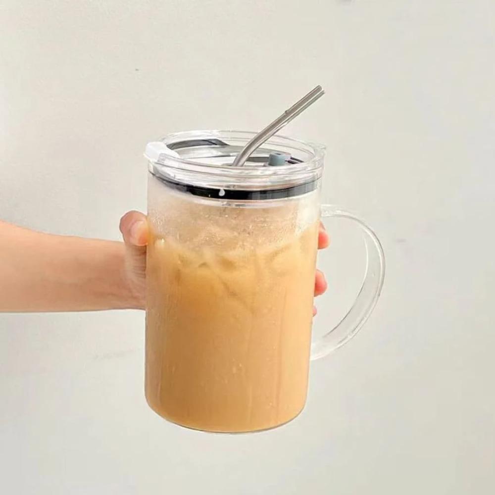 Transparent Glass Tumbler with Lid and Straw Drinking Glass Mug Glass Water Cup Milk