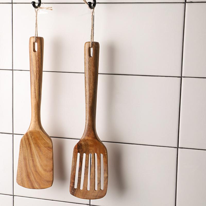 Teak Spatula Set Of 2 Wooden Spatula For Cooking Nonstick Cooking Utensils Long Handle Heat Resistant Slotted Turner Cookware