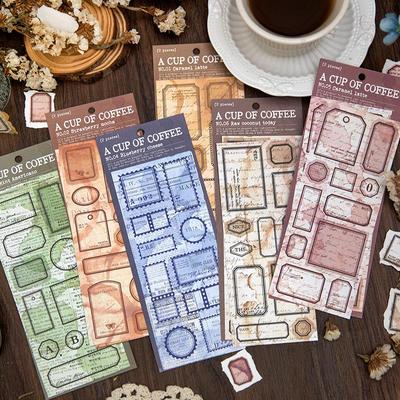 Retro Kaffeefleck Etiketten Aufkleber: Stanzteil für Planer & DIY-Collage (6 Stile)