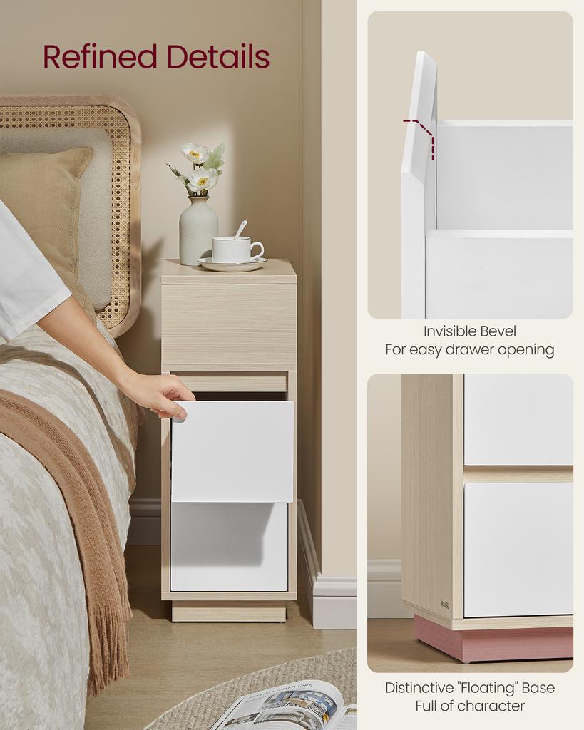 VASAGLE KAILYN Collection - Slim Bedside Tables, Set of 2 Small Narrow Side End Tables with Drawers, Flexible Open Compartment, for Bedroom