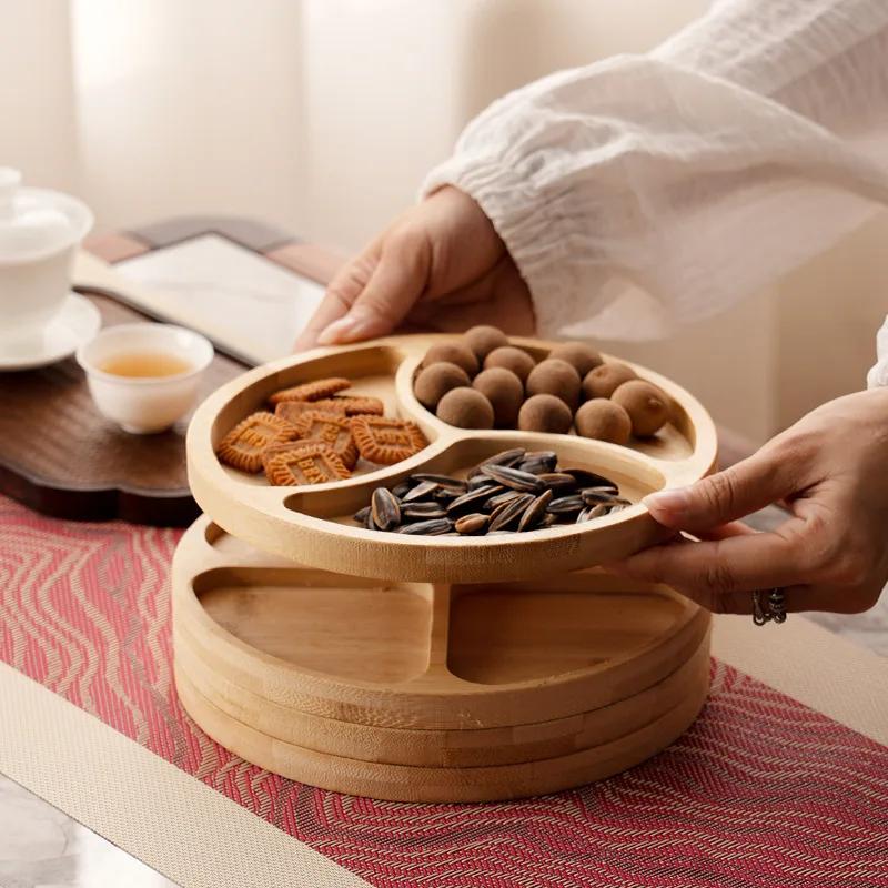 Wooden Grid Dried Fruit Tray Household Living Room Candy Nut Dim Sum Melon Seeds General Tea Tray Kitchen Storage
