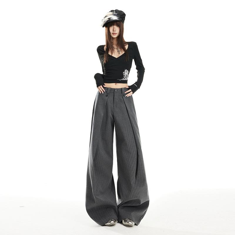 Gray Striped Wide-Leg High-Waisted Women's Pants - 2026 Spring Arrival, Straight and Slimming Versatile Suit Style.