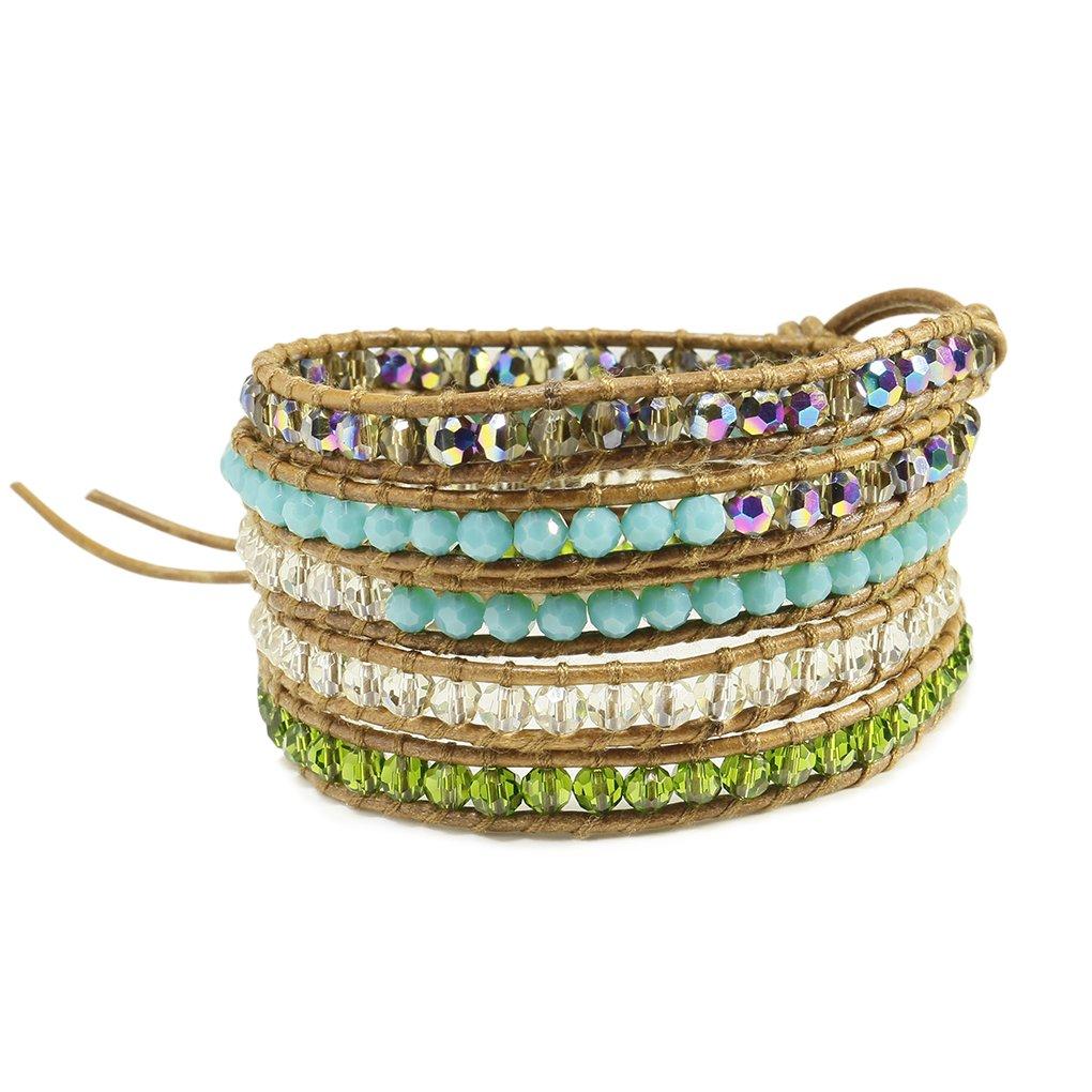 

KELITCH Colorful Clear Blue Quartz Bead 5-Strand Light Brown Leather Bracelet