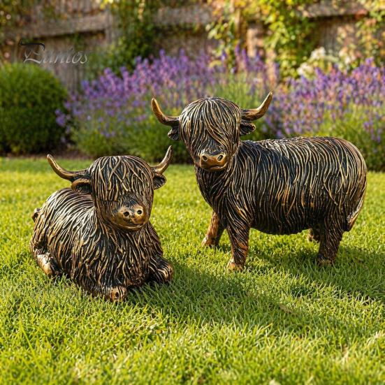 Vintage Copper Finish Garden Art Highland Yak Resin Figurines, Bronze Animal Statues, Weatherproof Sitting Set Farmhouse Decor for Living Room
