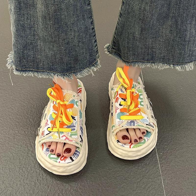 

Women s Summer Graffiti Platform Sandals Trendy Beach Slippers 35 бежевый