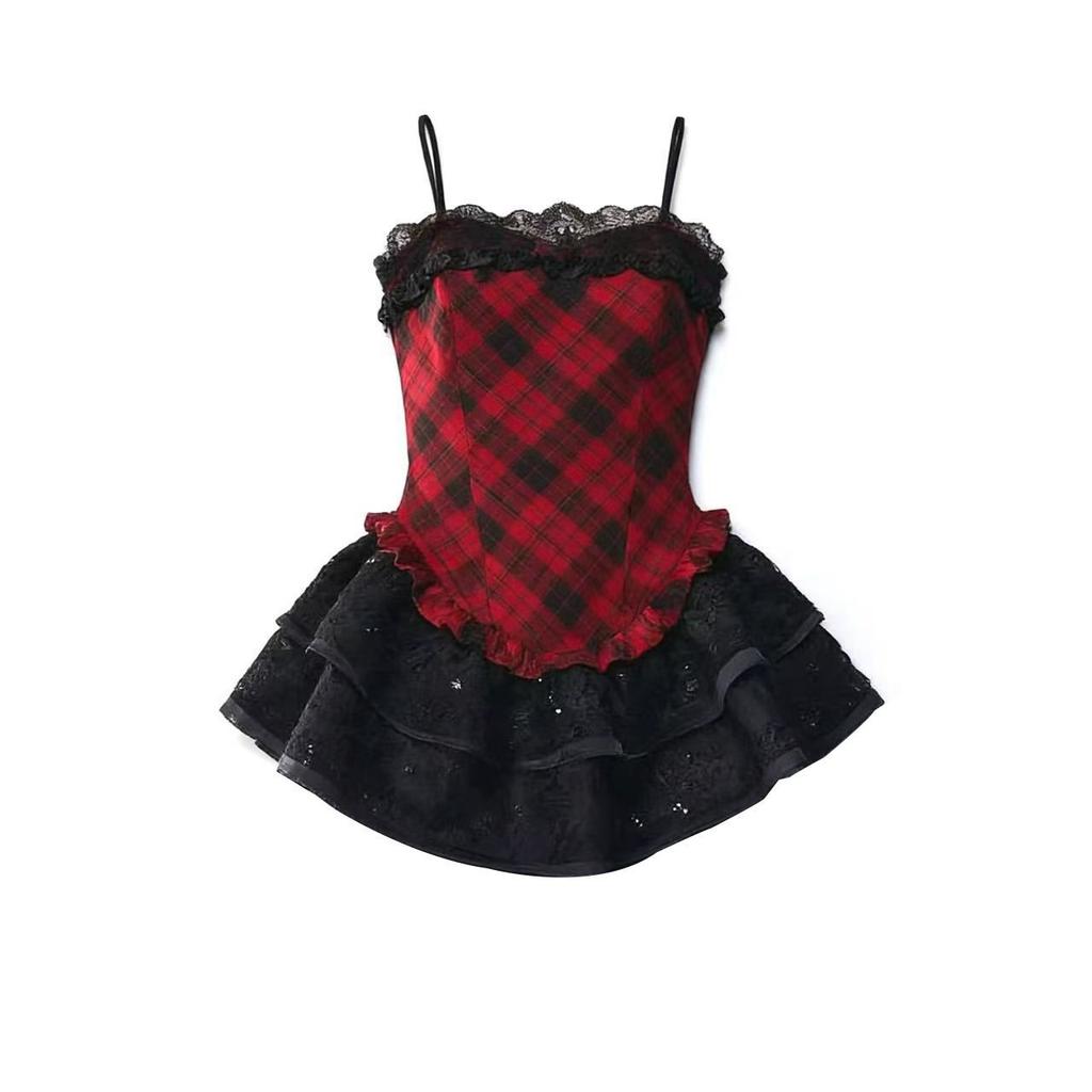 Girls French Plaid Suspender Dress Short Tutu Dress Sweet and Spicy Wind Red Haige Party Skirt