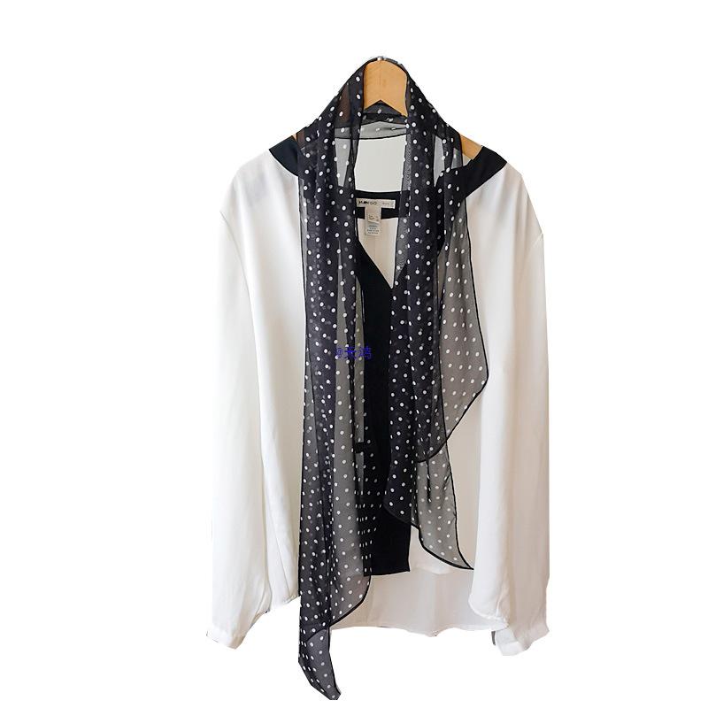 French Retro Black Polka Dot Silk Georgette Narrow Scarf (160x30)