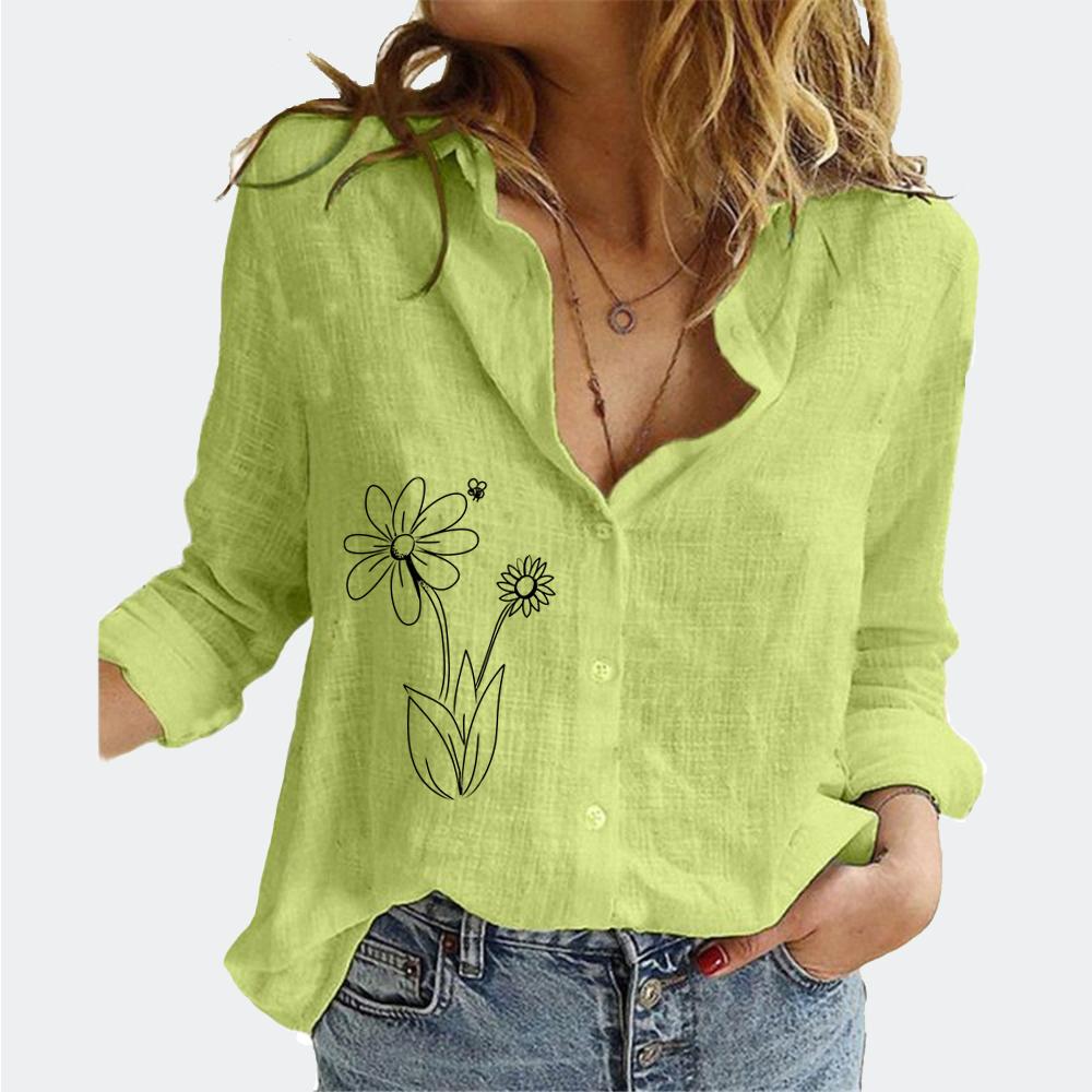 Women Floral Print Long Sleeve T-shirt Fashion Lapel Neck Cotton Linen Top Summer&fall Female Loose Buttoned Blouses