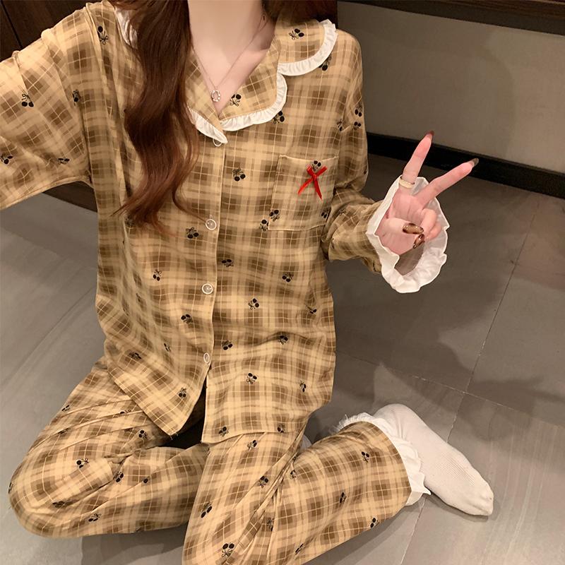 Sweet Cute Plaid Cherry Print Women's Pajamas Vintage Lace Button Design 2 Piece Set Pajamas Casual Home Wear