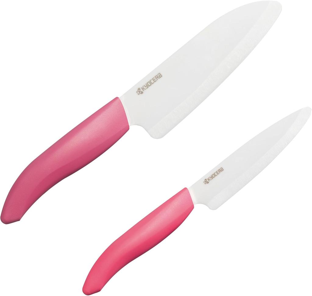 Kyocera Ceramic Knife Set of and Clean Santoku 14cm and Petty Sharpness with Charm Pink 2 Lightweight, Sharp, Cutting (Small) (Petty) 11cm. Durable,
