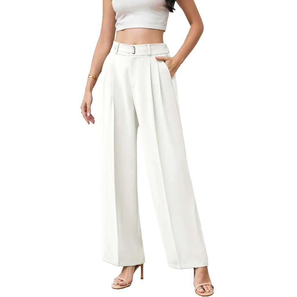 Women's High Waist Wide Leg Pants with Belt Business Casual Straight Leg Trousers for Office and Daily Wear
