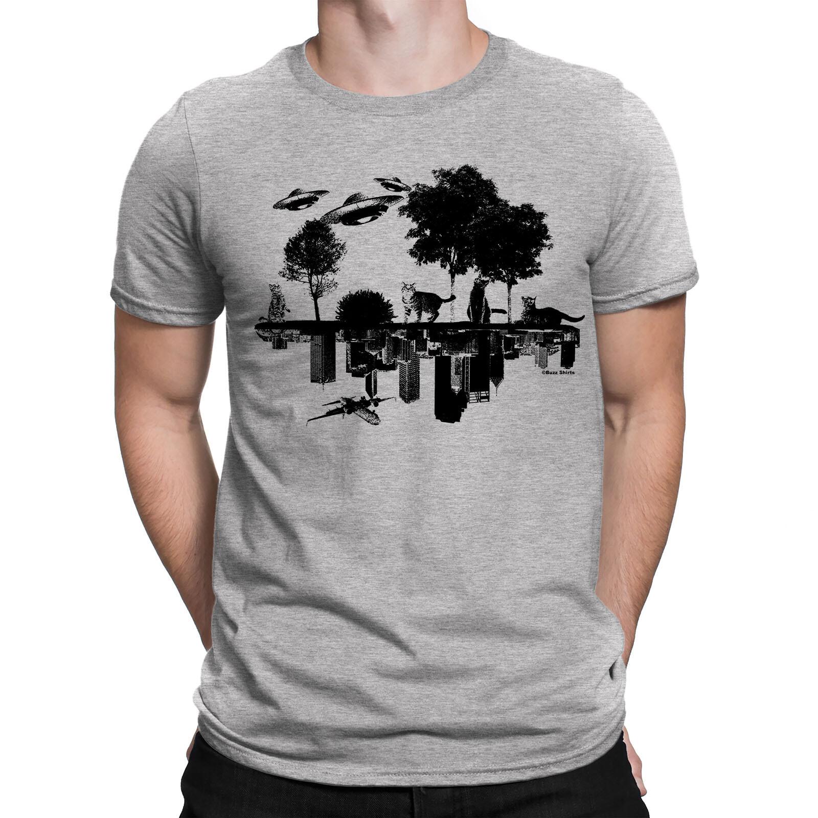 PURFECT FUTURE Mens Funny Cats T-Shirt Mens Womens Tees Top Alien Invasion UFO City Print Eco S