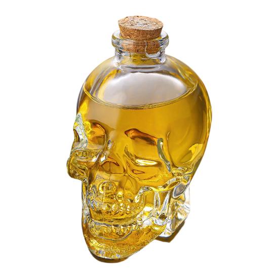 Skleněná karafka ve tvaru lebky, 3D gotická láhev na whisky se zátkou, Nový dávkovač likérů pro domácí bar, Halloweenský dárek