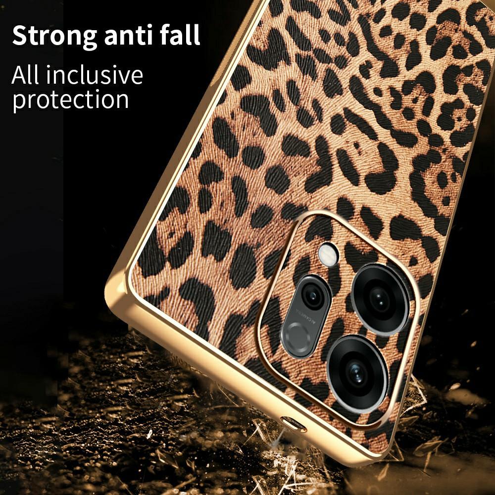 For Oppo Reno14 5G (Global) Case Leopard Print PU Leather Coated PC+TPU Electroplating Phone Cover