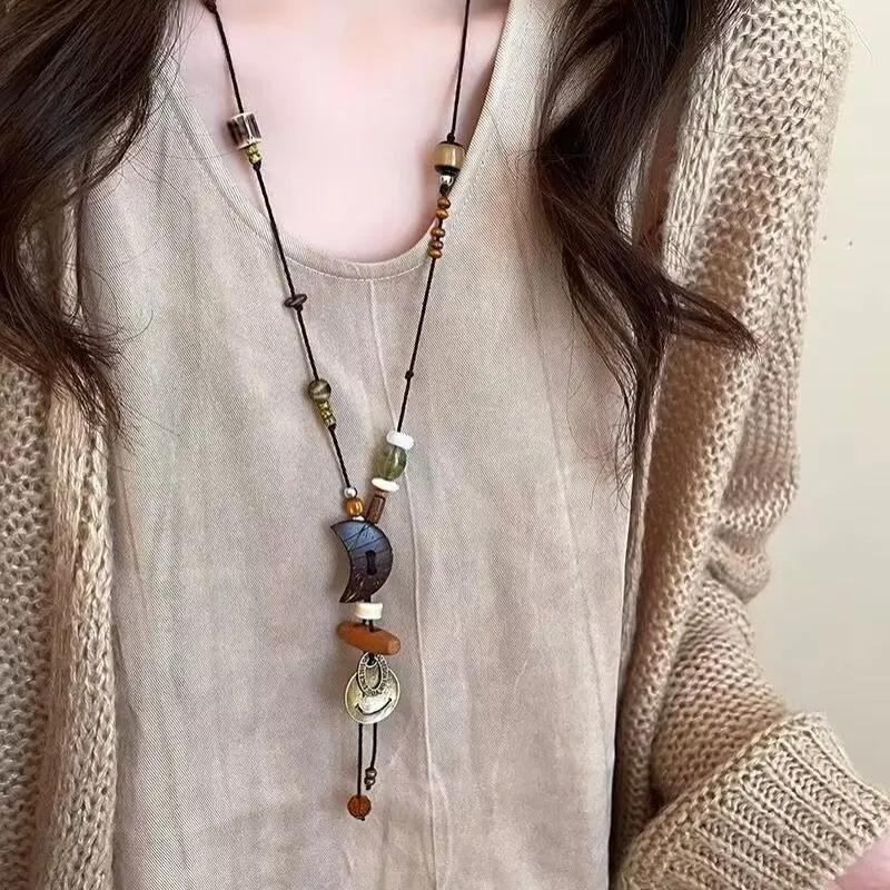 Handcrafted Bohemian Style Necklace with Mixed Material Beads Adjustable Length Pendant Necklace for Sweater Layering and Casual Wear