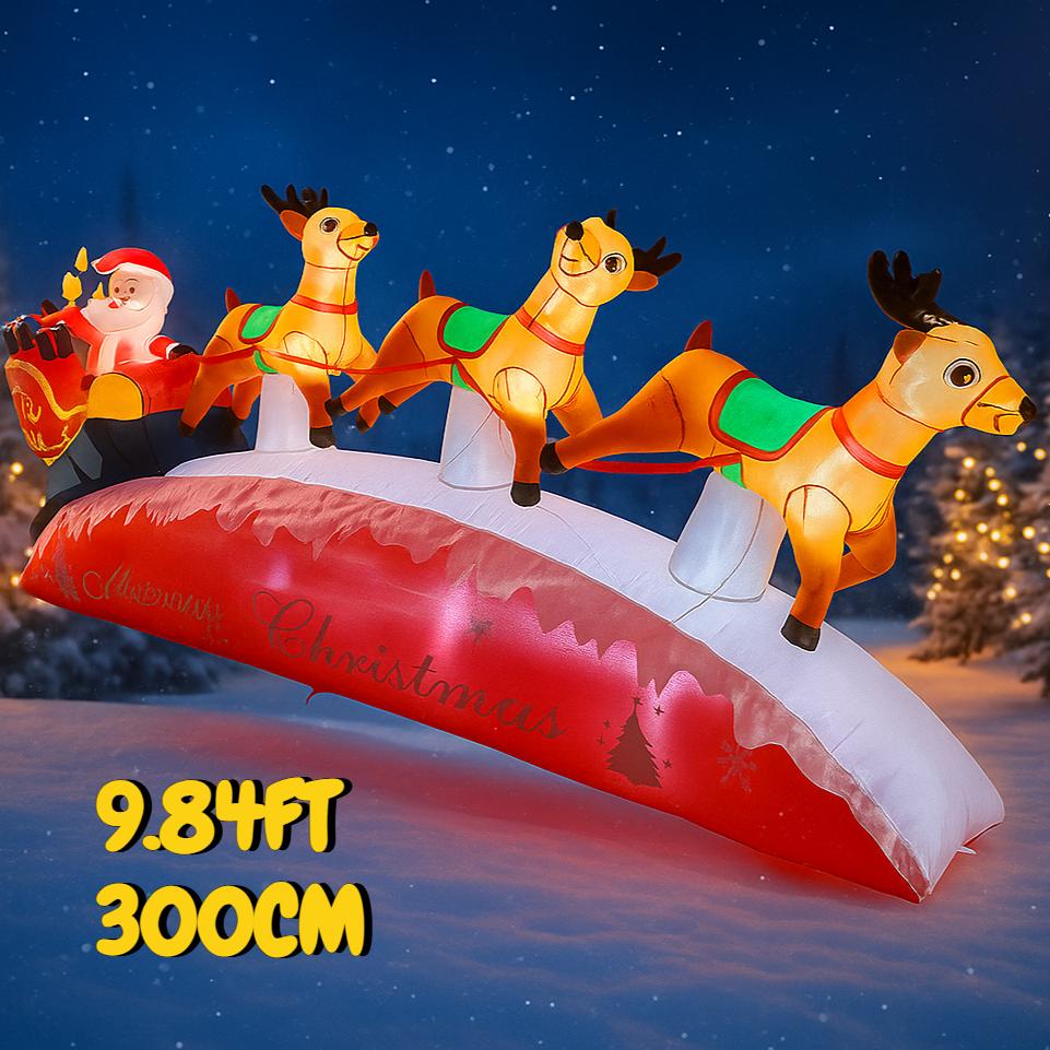 9.84FT Inflatable Santa Sleigh Reindeer Toy LED Lit Festive Gift Xmas Yard Lawn Party Decoration Christmas Supplie Home Ornament