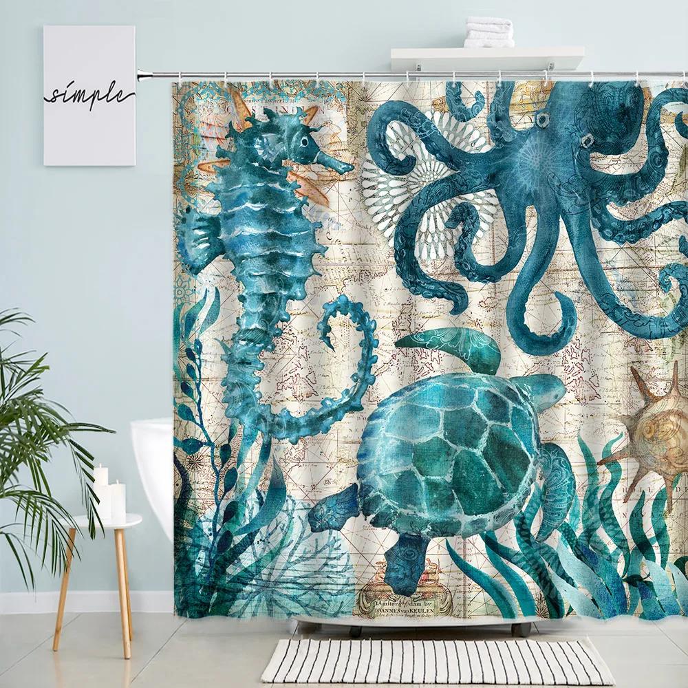 Sea Turtle Seahorse Octopus Shower Curtains Ocean Animals Tentacles Vintage Map Print Fabric Bathroom Curtain Home Decor Hooks