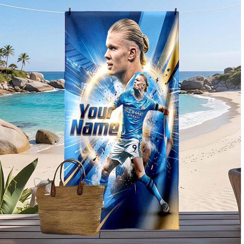 Erling Haaland Personalized Printed Beach Towel Soccer Logo Support Custom Name Text Absorbent Towel For Sport Travel Special Gift
