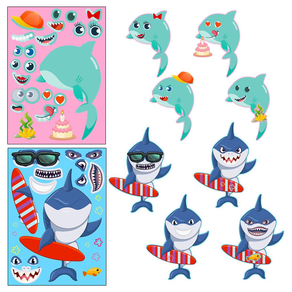 6 Stück/Packung Hai-Gesichts-Tausch-Puzzle-Aufkleber, DIY-Persönlichkeitsaufkleber, Meereslebewesen-Aufkleber