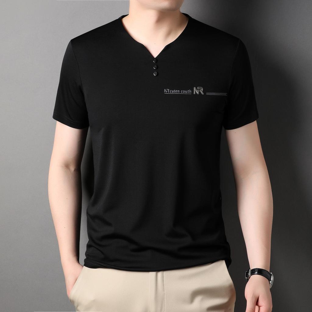 Short Sleeved T-shirt Men's V-neck Summer Solid Color Half Sleeved Trendy T-shirt Ice Silk Summer Top