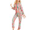 Women's Christmas Pajama Set with Santa Hat - Lapel Long Sleeve Top and Long Pants
