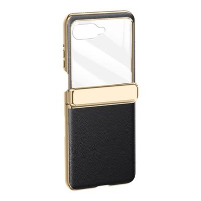 For Motorola Razr 50 5G Case Electroplated PU Leather+PC Phone Cover with Rear Small Screen Protector