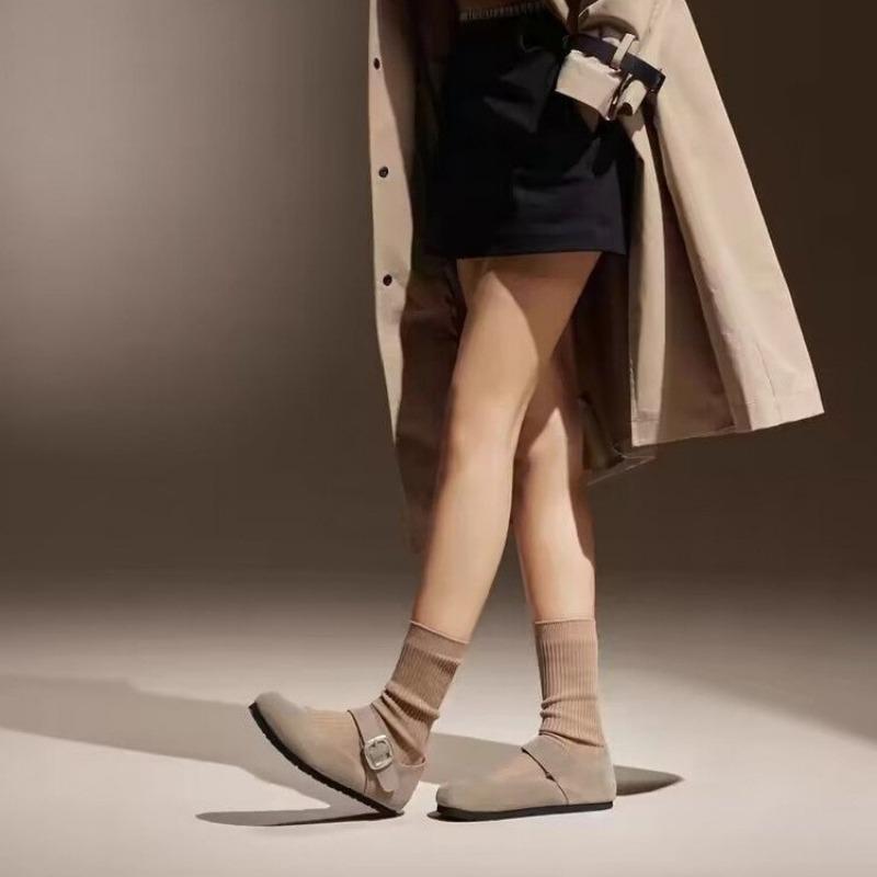 Mode 2024 Neue Weibliche Sandale Retro Frau Schuhe Runde Kappe Flach Mund Mädchen Original Geschlossen Kork Flache Slipper Schnalle Grundlegende