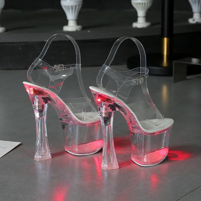 Fashion 34-43 new thick high heel night club shoes luminous sandals women's shoes walking show steel tube dance shoes crystal sole 17cm