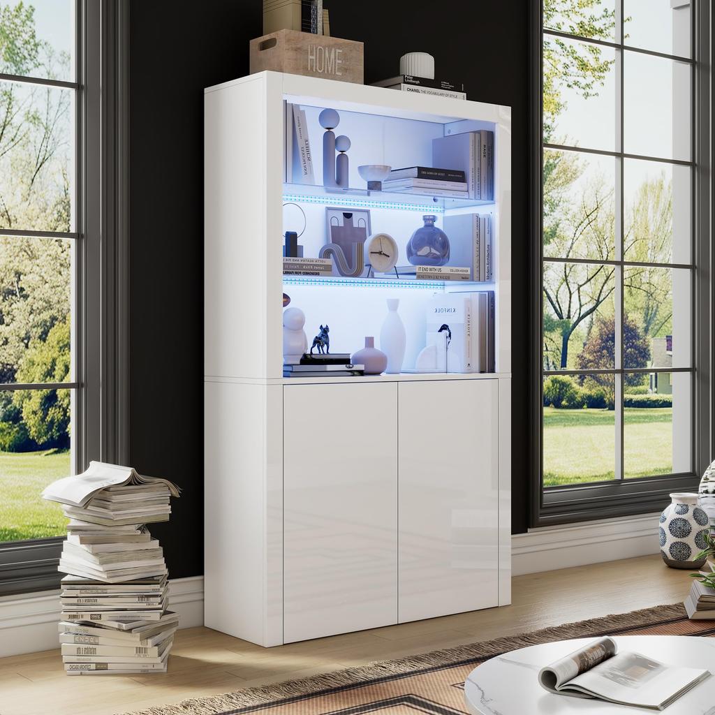 Vitrinenschrank 160cm, Glasvitrine LED-Beleuchtung Schwarz Hochglanz, Moderne Highboard Kommode viel Stauraum Wohnzimmer Küche Büro