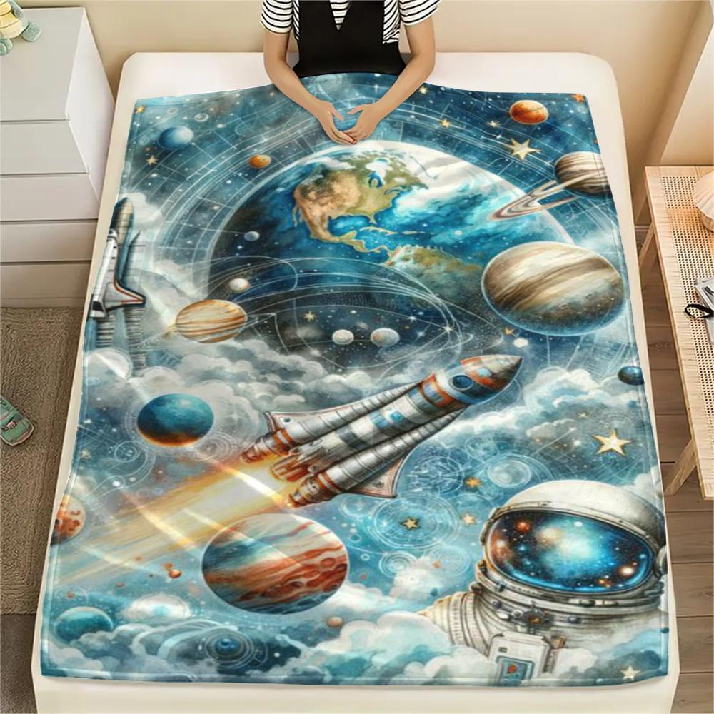 1Pc Space Rocket Print Flannel Blanket, High quality Comfortable for All Seasons, Home Decor, Warmth and Comfort, Perfect for Christmas Gifts