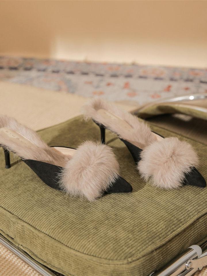 Baotou High Heels Fairy Fluffy Slippers Female Stiletto Mid-heel Half-drag Outer Wear Versatile Internet Celebrity Autumn and Winter Warm Sandals