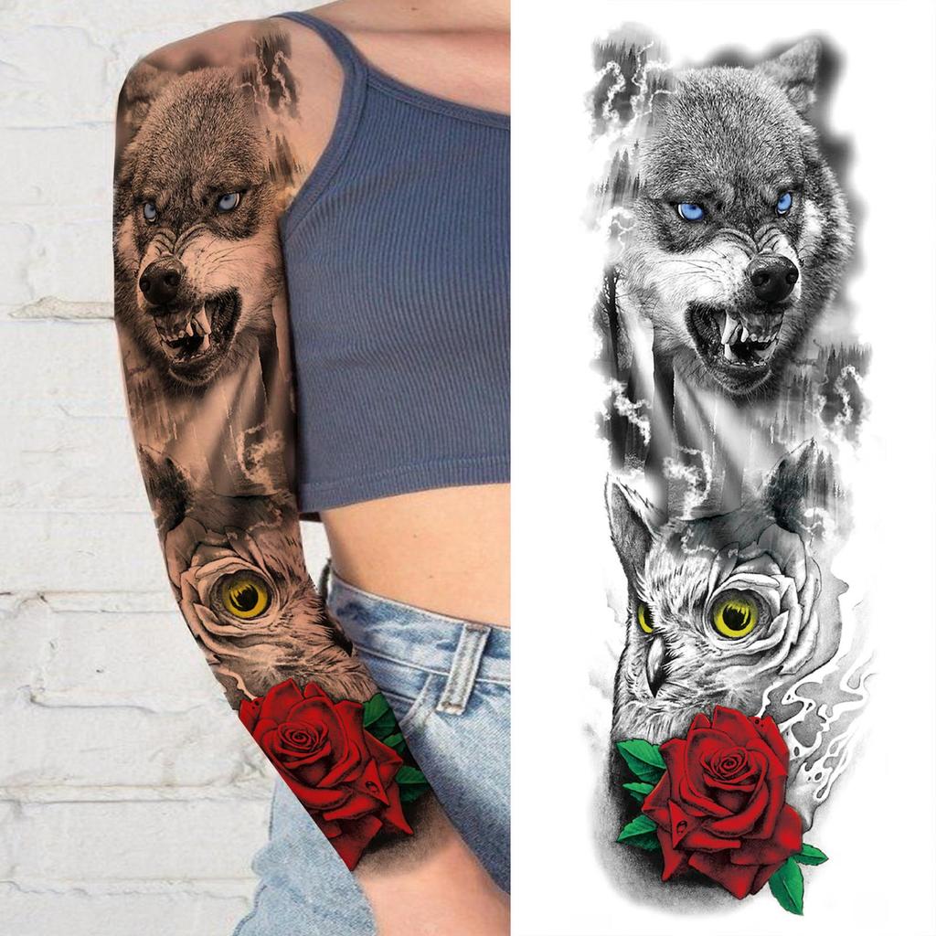 1 Sheet Long Sleeve Temporary Tattoos For Men Women Flower Skull Lion Wolf Tiger Nun Fox Compass Tattoo Sticker Body Art Arm Leg
