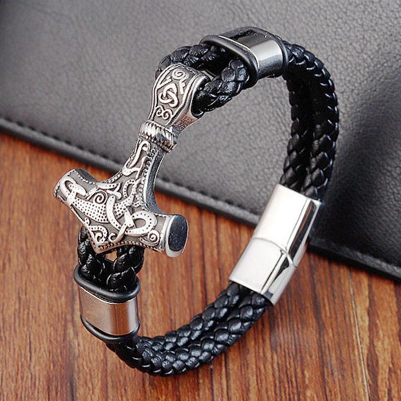 

Viking Genuine Leather Bracelet Stainless Steel Charms Trendy Jewelry for Men Friendship Gift 21cm