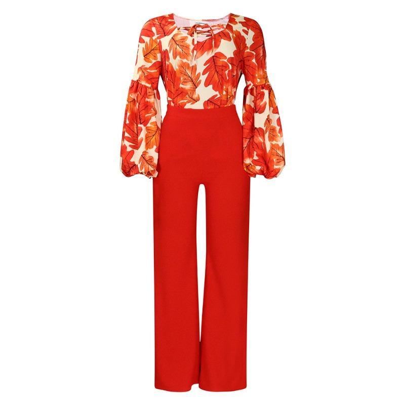 

Женская одежда больших размеров новый модный принт топ на бретелях брюки с широкими штанинами комплект из двух предметов M оранжевый