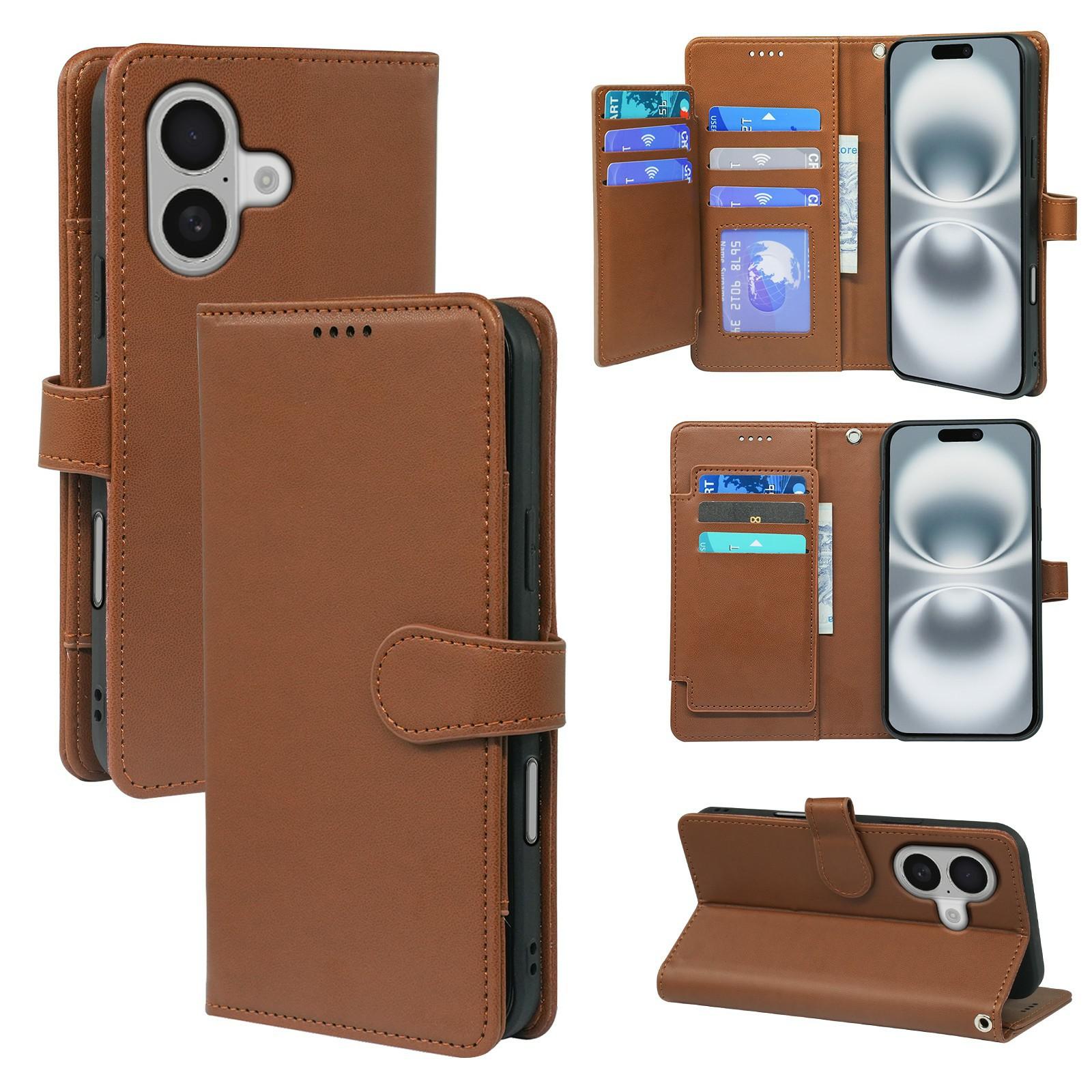 

For iPhone 16 Case with 9 Card Slots PU Leather Stand Phone Cover Brown