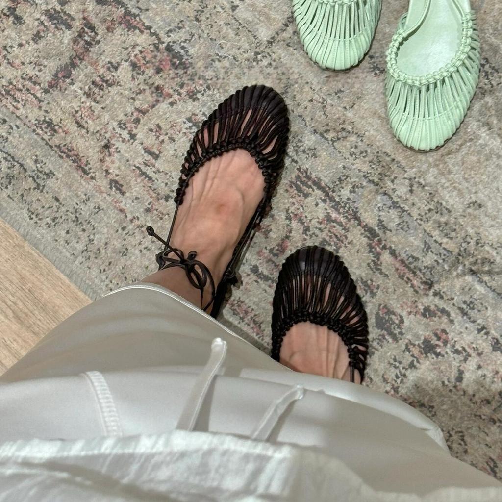 Sheepskin version~ niche hand-woven retro bag head sandals women's summer flat bottom anklet straps genuine leather Roman women's shoes