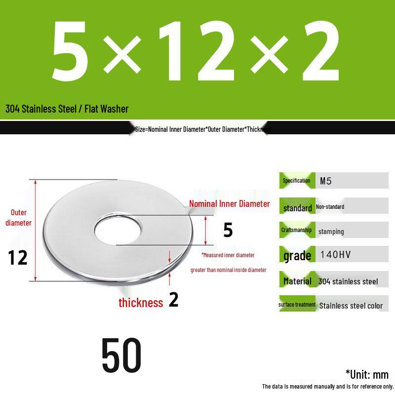 304 Stainless Steel Thickened Flat Washer Set, Sizes 2-36