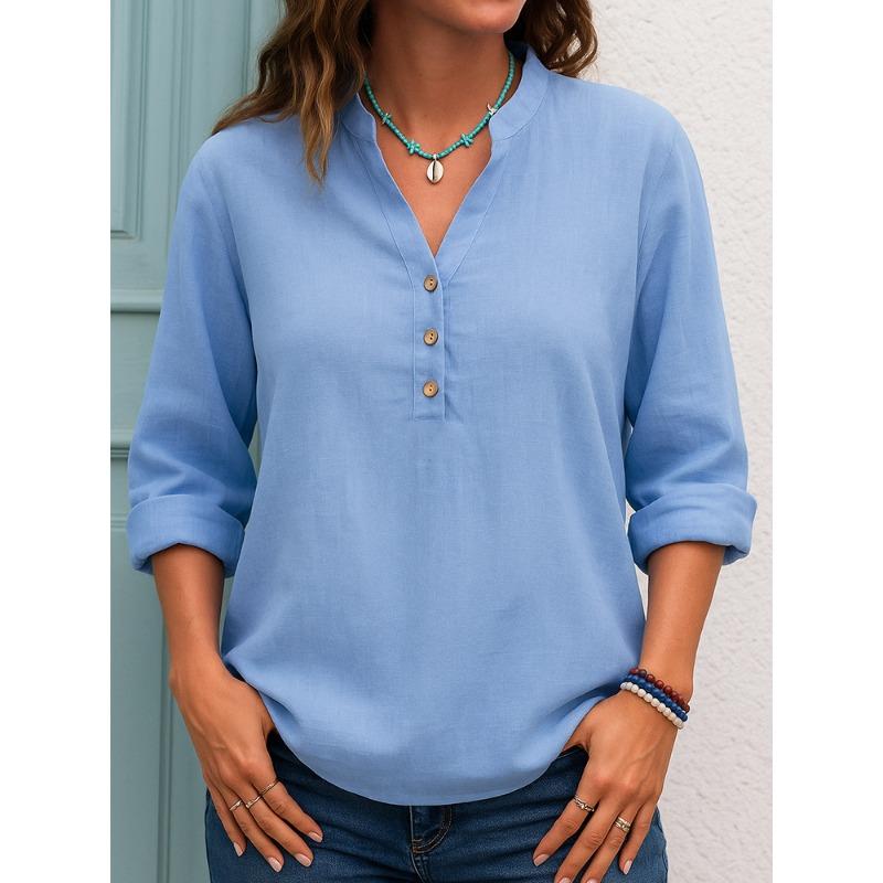 BITCED Blusas y camisas de manga larga con cuello en V y estampado de color sólido informal a la moda para mujer