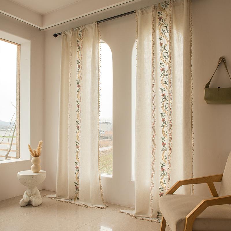 American Style Cotton Linen Fringe Embroidered Floral Semi Blackout Short Curtains for Living Room Bedroom Balcony Kitchen