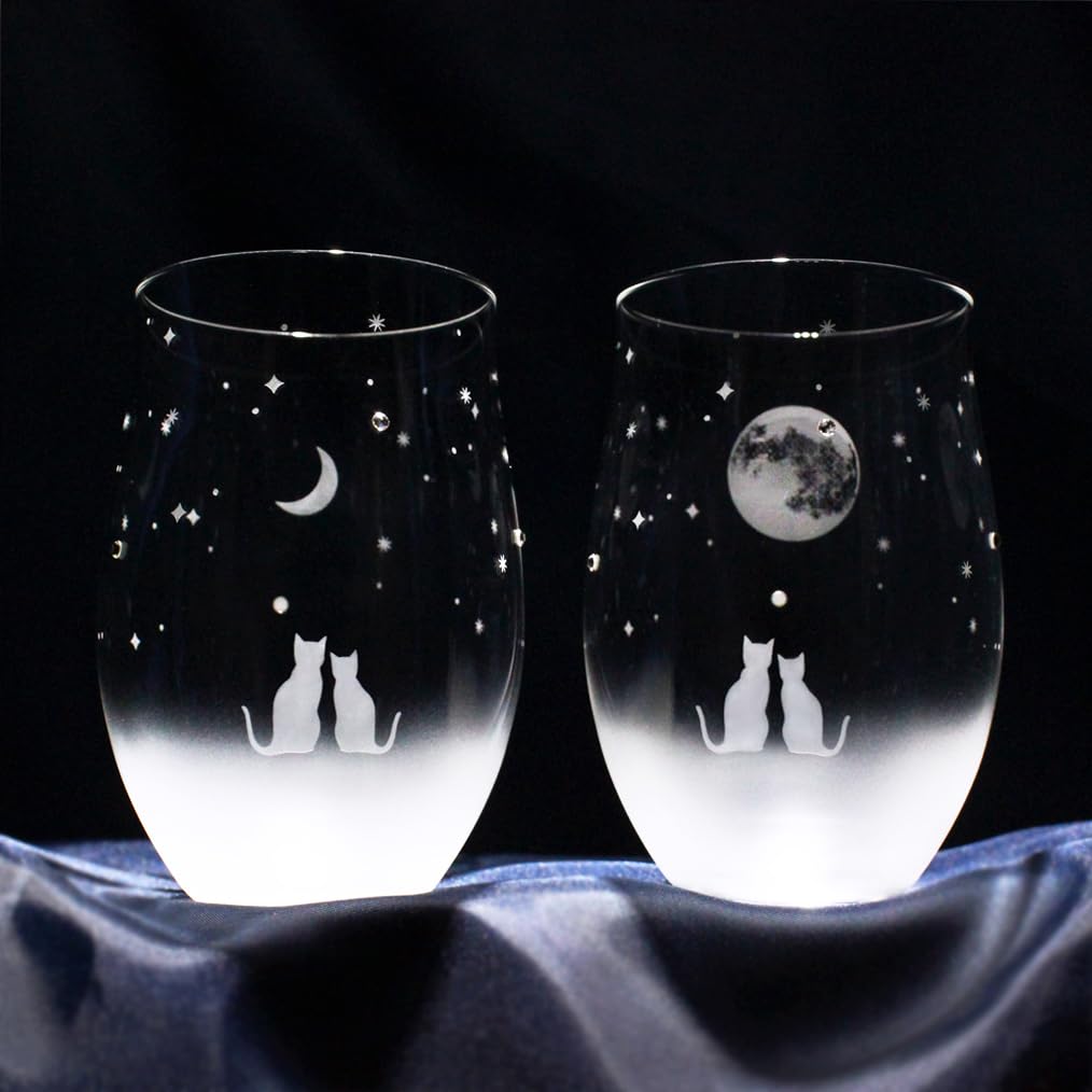 Atelier Kies Cat Motif Glass Set (Full Moon + Crescent Moon Night Sky Pair Set)