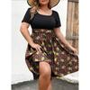 Women's Fashionable And Trendy Round Neck Short Sleeved Waist Print Dress In Plus Size