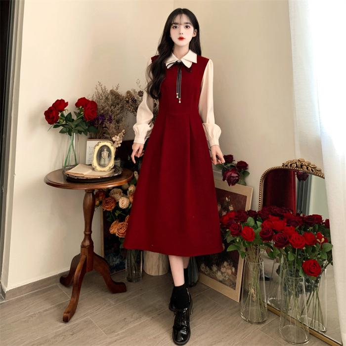 Dress Academy style long-sleeved retro Mori skirt temperament thin French long dress women's clothing autumn and winter new