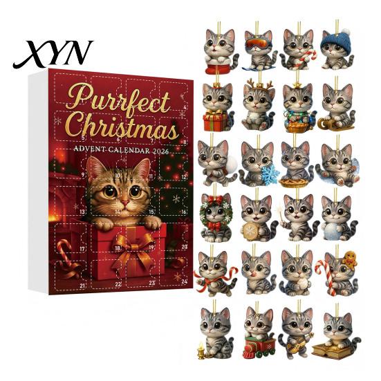 Calendario de Adviento Caja de Navidad 2026, Calendario de Cuenta Atrás de 24 Días con Colgantes Decorativos de Perro/Caballo/Gato/Animales de Acrílico 2D, Colgante Mini Animal