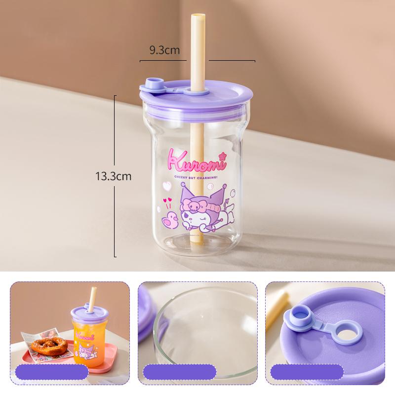 For Sanrio Collaboration Straw Cup High Borosilicate Glass Cup with Lid Cartoon HelloKitty Water Cup Home Juice Mup for Kids