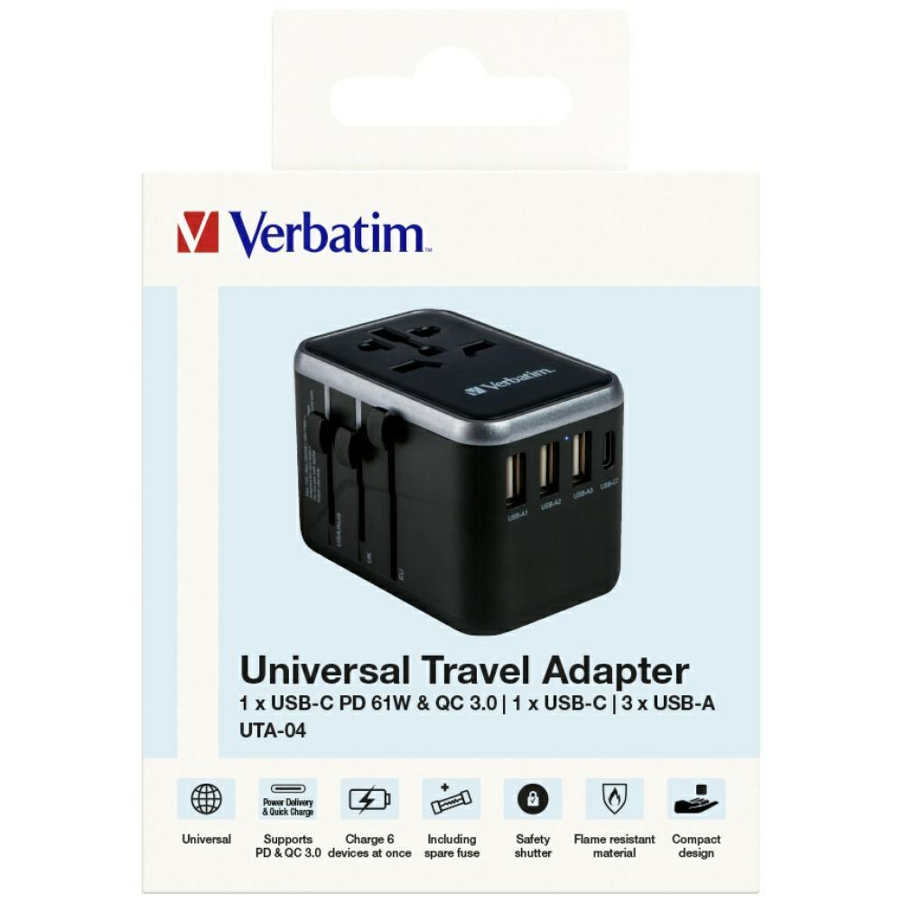 Verbatim Adapter Podróżny Eu/Uk/Us3Xusb-A/2Xusb-C Pd 61W Uta-04 Czarny/Black 49546